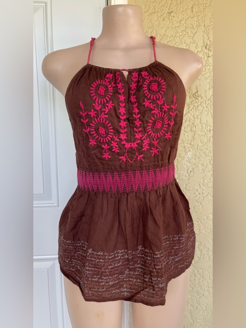 Free People Brown Top with Bright Pink Embroidery
